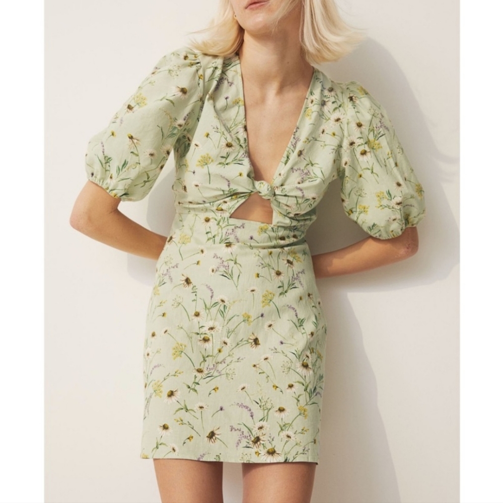 H&M Linen Blend Knotted Mini Dress Green Wildflower Collection